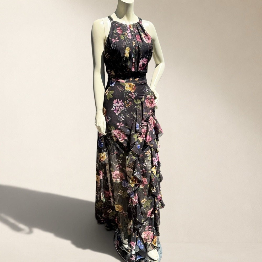 Betsy & Adam Size 12 Maxi Dress Cascading Florals Ruffled High-Neck Gown JAN895
